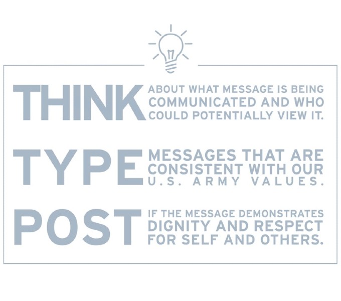 THINK about what message is being communicated and who could potentially view it.
    TYPE messages that are consistent with our U.S. Army values.
    POST if the message demonstrates dignity and respect for self and others.